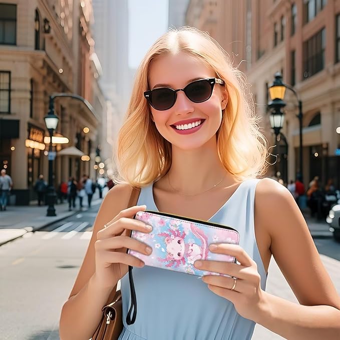 Bulopur Axolotl Wristlet Wallet for Women Cherry Blossom Clutch Purse PU Leather Zipper Credit Card Wallet Coin Cash Holder Ladies Handbags Gifts for Mom Girlfriend