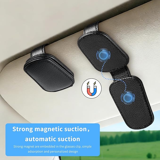 Meliya 2 Pcs Sunglass Holder, Magnetic Leather Ticket Card Clip for Car Sun Visor Accessories for Different Size Eyeglasses