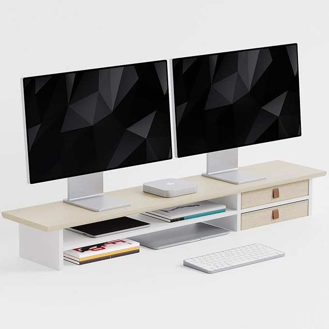 FENSULN Dual?‘Tier Monitor Stand Riser with Drawers, Desktop Organizer Shelf Storage for Computer Screen 2 Monitors, Supports for PC Computer Monitor, Printer, Heavy TV Riser Beige and White
