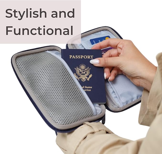 POPUPS Passport Travel Wallet for Women - Large Multiple Document Organizer and Holder with Wristlet - Deep Blue