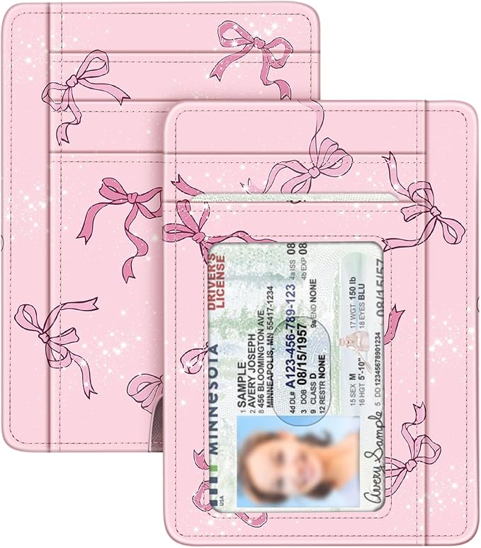 FINTIE Slim Minimalist Front Pocket Wallet, RFID Blocking Credit Card Holder Card Cases with ID Window for Men Women (Pink Bow)