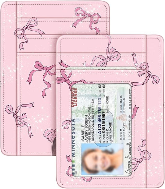 FINTIE Slim Minimalist Front Pocket Wallet, RFID Blocking Credit Card Holder Card Cases with ID Window for Men Women (Pink Bow)