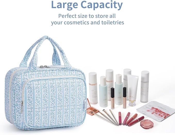 Narwey Hanging Toiletry Bag for Women Travel Makeup Bag Organizer Toiletries Bag for Travel Size Essentials Accessories Cosmetics (Blue Flower Buds (Medium))