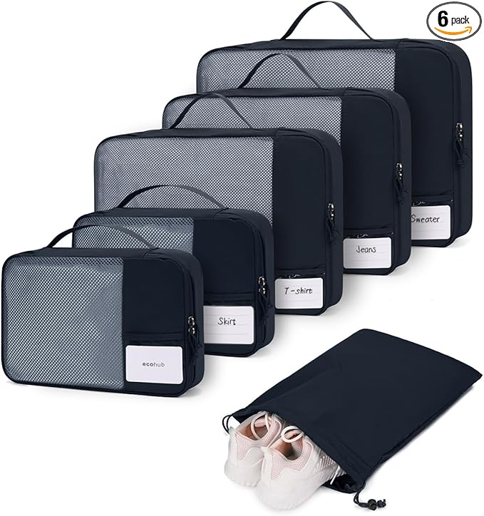 ECOHUB 6 Set Packing Cubes for Travel Durable Suitcase Organizer Bags Set with Personalized Tag Travel Essentials with Shoe Bag Traveling Accessories for Luggage Machine Washable, Navy Blue
