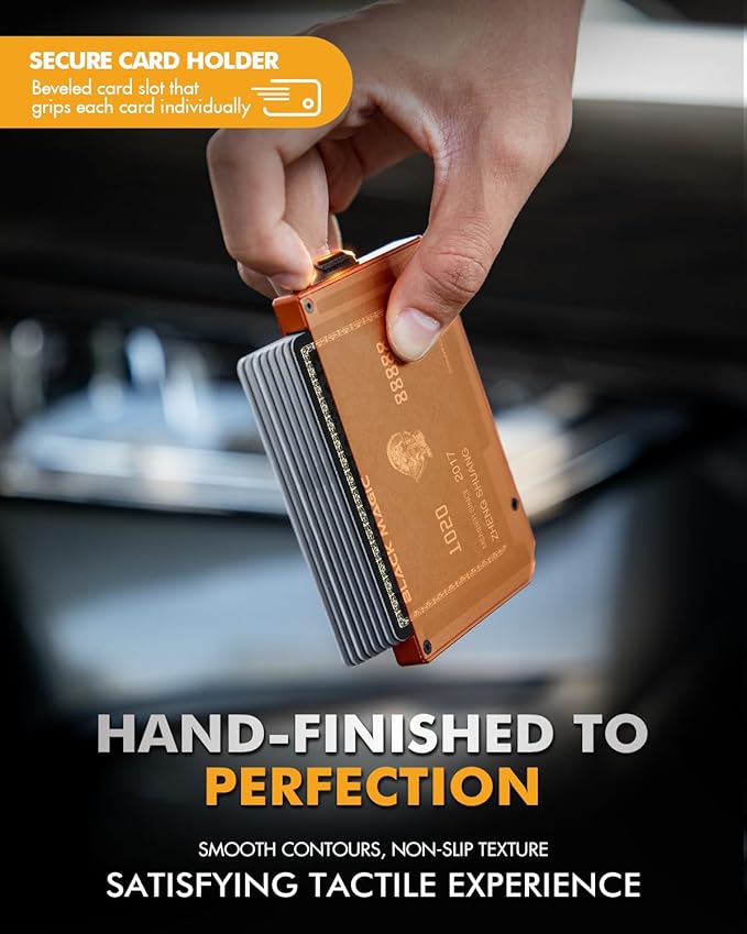 iwantit Pop Up Wallet for Men, Slim Minimalist Credit Card Holder with Money Clip - Man Metal Aluminum Wallet RFID Blocking, Smart Tactical Wallet for Men, Gift for Men (Orange)