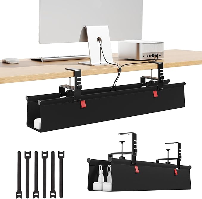 Litwaro Under Desk Cable Management Tray No Drill, 28.4" Cord Organizer with Clamp for Standing Desk, Premium Fabric Cable Tray with Wire Management for Office Home, Black