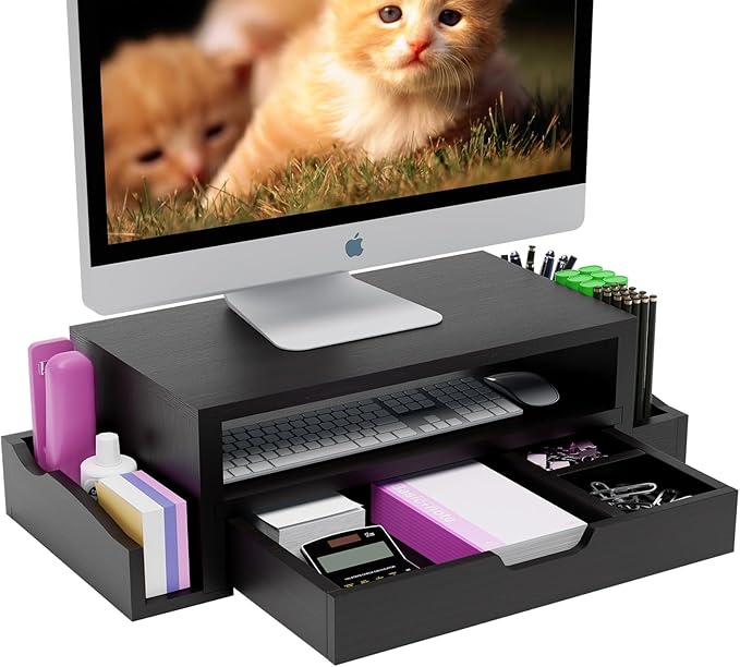 Simple Trending Wood Monitor Stand Riser with Drawer and Pen Holder, Desk Organizer for Home Office, Black