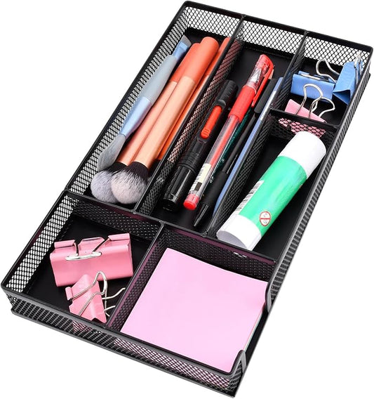 Desk Drawer Organizer Tray,11.02 x 6.1 x 1.46inch 6 Compartments Metal Mesh Dividers,Desk Organizers Storage Tray for Pens Organizer,for Desk Drawer Tray Box Accessories