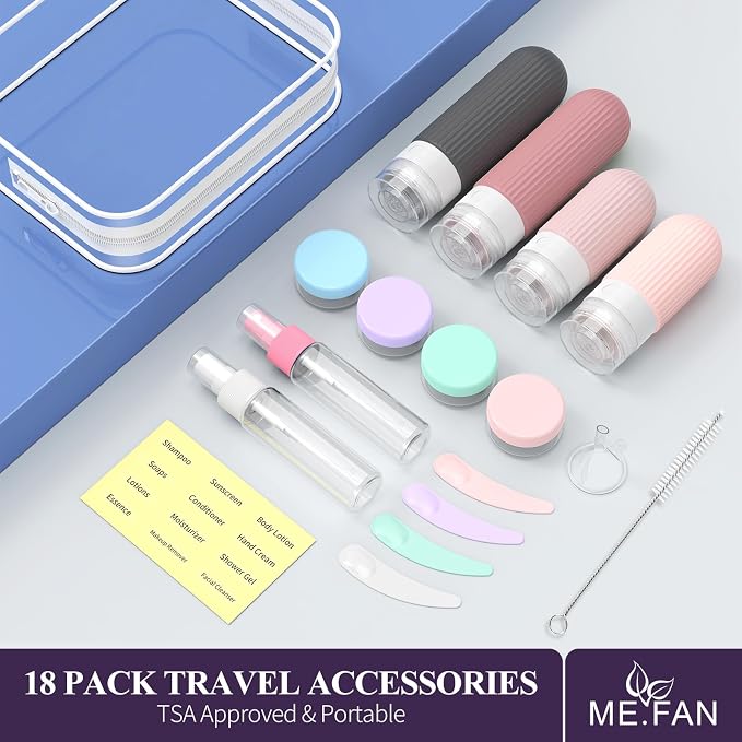 ME.FAN Travel Bottles for Toiletries,18 Pack Silicone Portable Size Bottle, TSA Approved Refillable Cosmetic Container Kits for Conditioner, Shampoo, Lotion,Face Cream - Pink