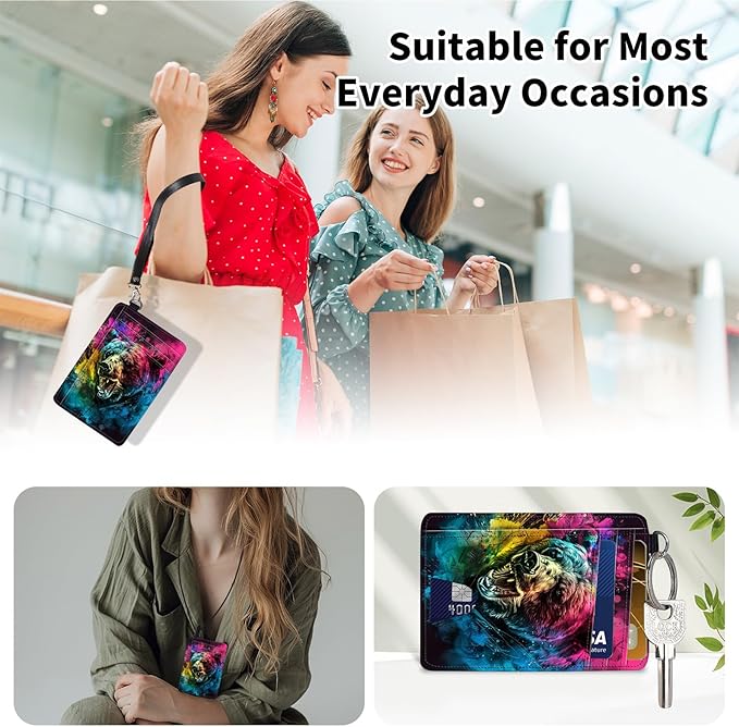 Slim Minimalist Front Pocket Wallet,Credit Card Holder Wallet for Women Men,RFID Blocking Credit Card Holder Case Leather Cute Small Thin Wallet ID Window&Wrist Strap,Colorful Bear