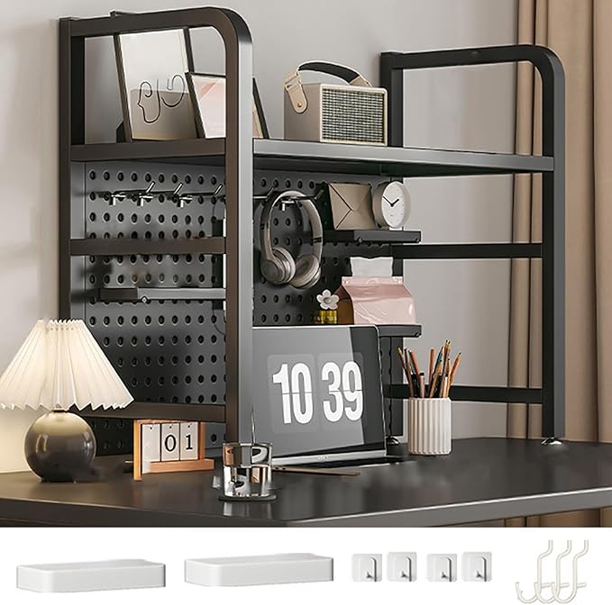 Computer Desk Desktop Shelf, Desk Shelves, Desktop Shelf, Desk Add on Shelf, Desk Shelf with Perforated Board, Metal Countertop Organizer, for Computer Desk Dorm Room Office(Black,75cm/29.5")