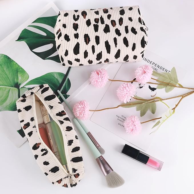 3 Pcs Makeup Bag Cosmetic Bag Set for Girls Women Travel Organizer Bathroom Toiletry Pouch Large Capacity Storage Bag (Leopard Beige)