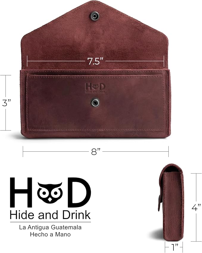 Hide & Drink, Full Grain Leather Large Female Wallet, Travel Organizer for Women, Vintage Money and Card Holder, Handmade, Sangria