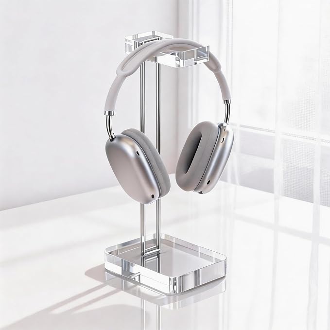 Headphone Stand Headset Holder for Desk, Solid Christal-Clear Acrylic with Silver Hardware Earphone Hanger for Gaming Room Office Accessories