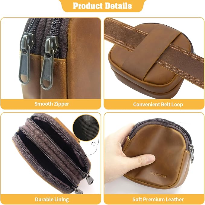Jack&Chris Coin Purse for Men, Genuine Leather Mini Coin Wallet Zipper Pocket with Back Belt Loop, Coin Bag for Men and Women