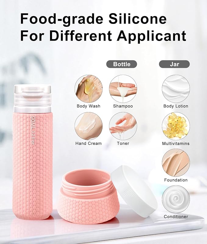 Travel Bottles for Toiletries, TSA Approved 3oz Leak Proof Travel Size Liquid Containers, BPA-Free Refillable Silicone Squeeze Bottles, Ideal for Shampoo Lotion and Conditioner (4 Pack)