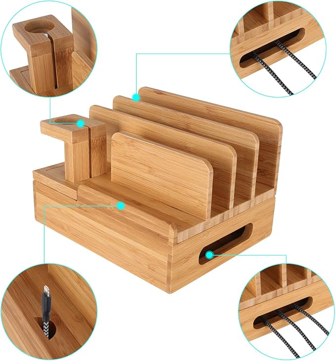 Bamboo Wood Multi-Device Desktop Charging Dock Station Charger Holder Cradle Charge Stand Compatible iPhone 16 15 14 13 Pro Max iPad Mini Pro Air Apple Watch Ulrta 10 9 8 7 6 5 4 3 2 iWatch Smartphone