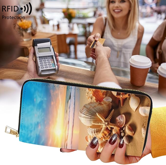Womens Wallet,RFID Blocking Large Capacity Clutch,Zip Around Leather Purse with 8 Card Slots,Bill Compartments Coin Pocket - Beach Starfish Shell Sky
