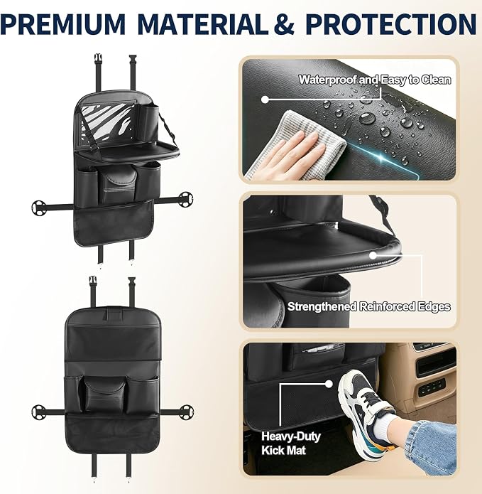 1 Pack Backseat Car Organizer with Foldable Tray Table, PU Leather Seat Back Organizer with Tablet Holder, Large Storage Pockets, Waterproof Kick Mat & Seat Back Protector for Cars, SUVs & Minivans
