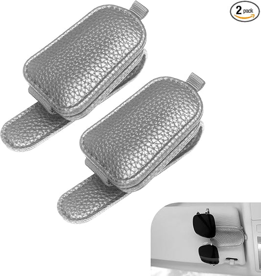 WZP 2PCS Sunglass Holder for Car, Leather Visor Clip with Magnetic Buckle, Ticket Card Eyeglass Storage Clip, Universal Auto Interior Accessories for Sedan SUV Pickup Truck (Gray)