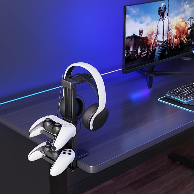 Headphone Stand & Under Desk Controller Holder with Adjustable Clamp, Controller Stand & Headset hanger for Desk Mount with 360° Rotating Hook & Cable Organizer 3-in-1 Game Organizer, 3 Hooks