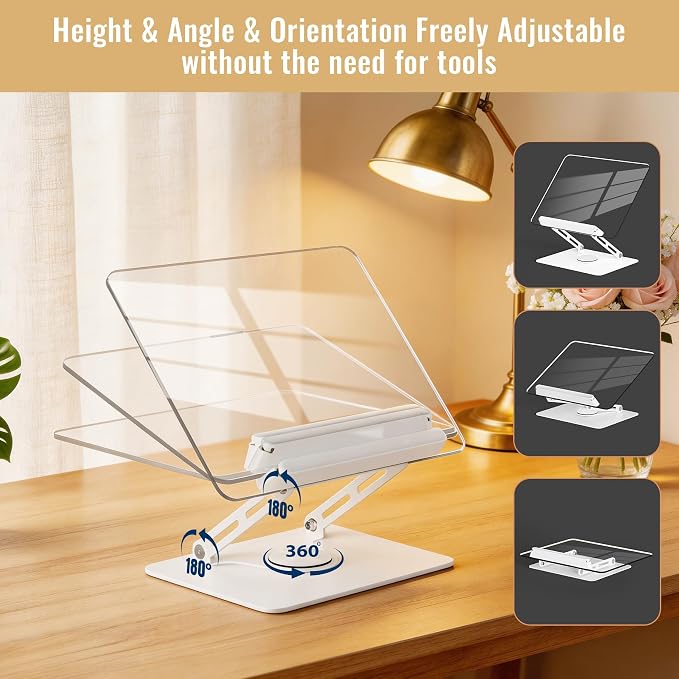 HAUTOCO Adjustable Acrylic Book Stand for Reading, 360° Rotating Base, Foldable Desktop Book Holder with Elastic Page Clips, Hands-Free Cookbook Stand for Laptop, Tablet, Recipe, Textbook, Music Score