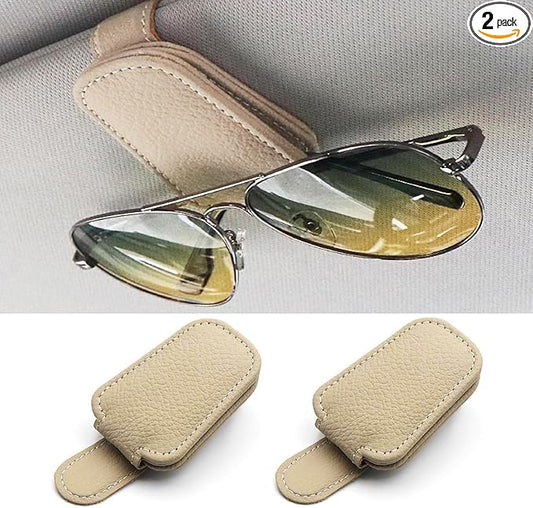 Sunglass Holder for Car, Magnetic Leather Sunglasses Clip for Car Visor, Eyeglass Hanger Clip for Car Sun Visor (Khaki 2 Pack)