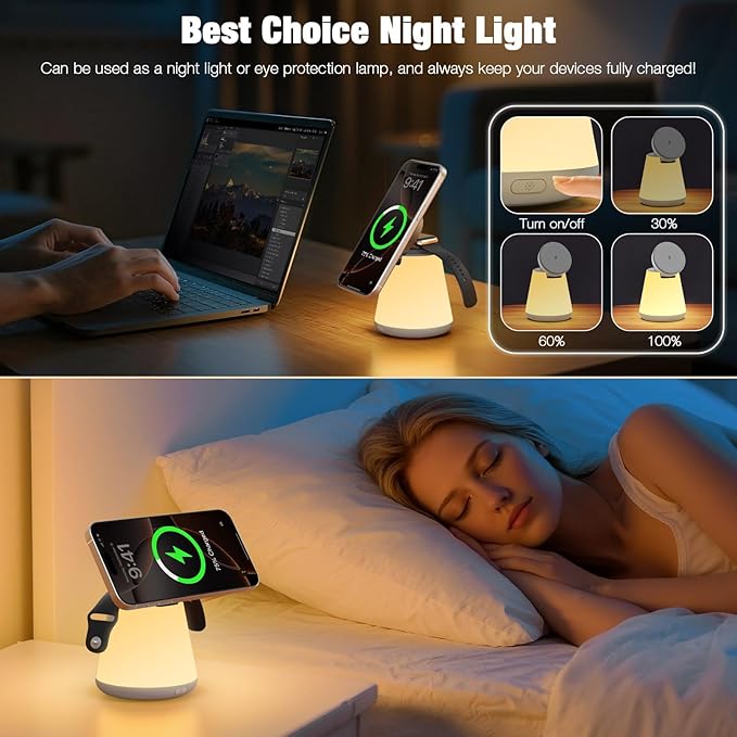 2 in 1 Wireless Charging Station with Night Lamp for Apple Samsung Magnetic Charger, 15W Foldable Portable Wireless Charging Stand for iPhone 17 16 15 14 13 12 Pro Max, Apple Watch