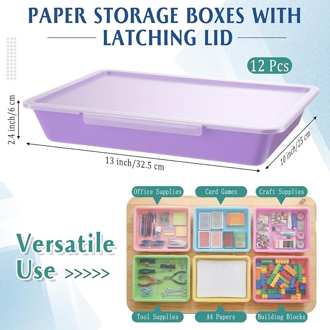 Tinlade 12 Pcs Classroom Paper Storage Bins with Clear Latching Lids Labels, Letter Size Stackable Flat Trays Container Paper Organizer for Teacher Back to School Office Arts Crafts (Macaron,13x10in)