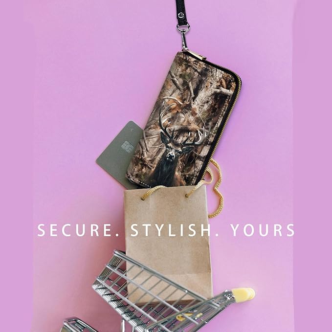 Zip Around Wallets for Women with Detachable Wrist Strap, Large Capacity RFID Blocking Leather Purse Organizer Card Holder Wristlet,Camo Forest Deer