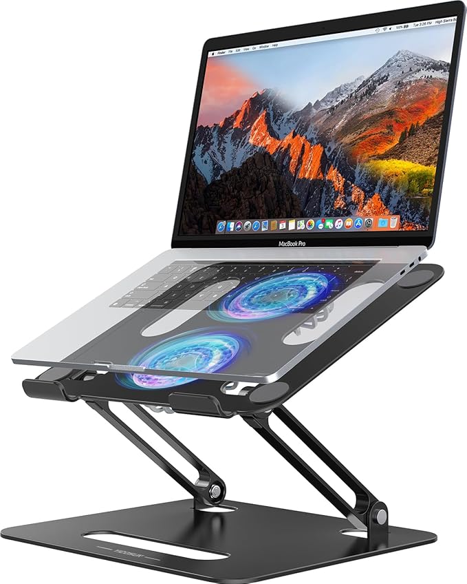 Adjustable Laptop Cooling Stand with 2 Quiet Fans & RGB Lighting, Aluminum Alloy & Foldable Ergonomic Design for MacBook, Lenovo, ASUS, Dell 10-16 Inch, Perfect for Gaming, DJ, Office - Black