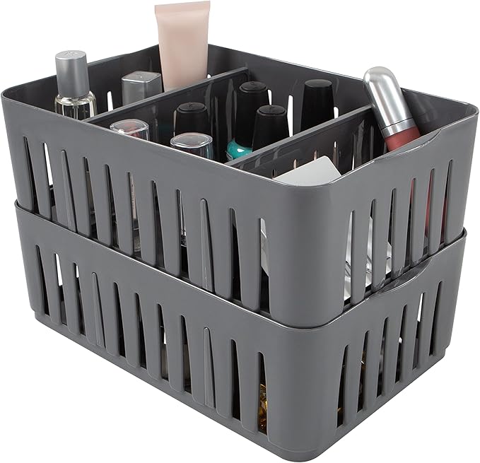 Simplify 4 Pack 3 Compartment Stackable Bin with Adjustable Dividers | Drawer Organizer | Storage Basket | Good for Office | Desk Supplies | Dorm | Bathroom | Accessories | Make Up | Grey