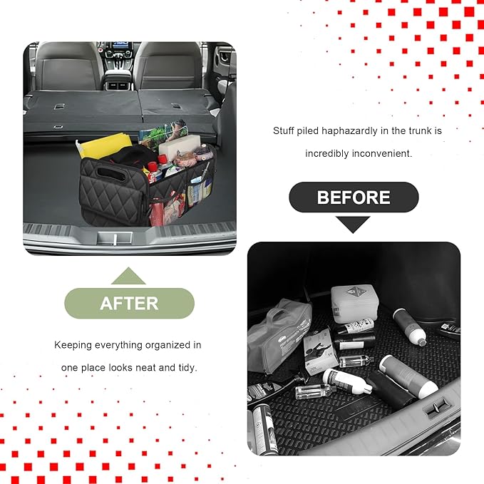 Sun Walker Car Trunk Organizer, Collapsible Auto Storage Box Cargo Organizer with Reinforced Handle, Multi-Pocket Waterproof Oxford Container for Sedan Truck SUV, Car Accessories