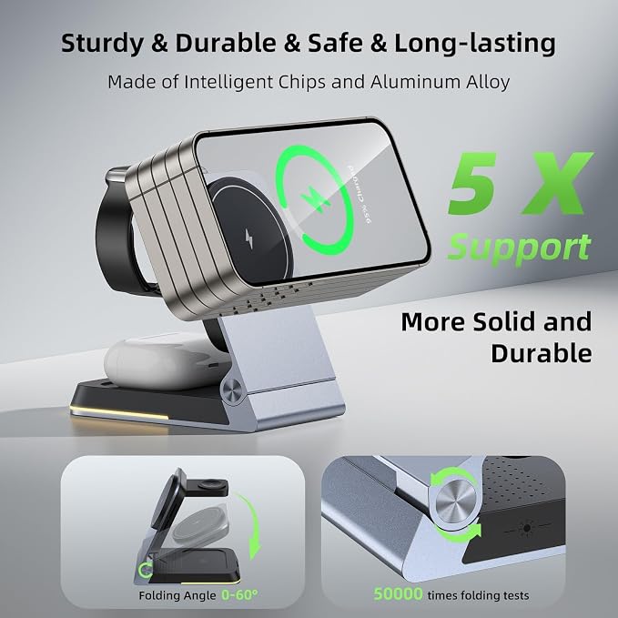 Aluminum 3 in 1 Wireless Charging Station,Foldable Wireless Charger for Apple Magsafe with Light,Portable Travel Magnetic Charger Stand for iPhone 17/16/15/14,Watch,Airpod,with PD 20W Adapter & Case
