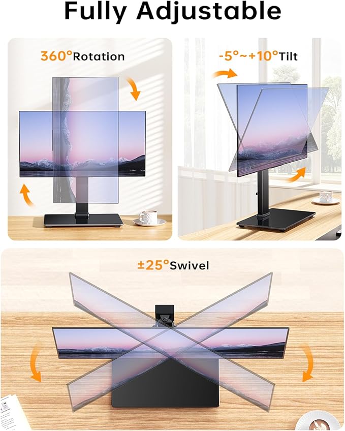 Single Monitor Stand, FreeStanding Desk Stand for 13-32 inch Screens, VESA Mount Monitor Riser with Swivel, Tilt, Rotation, 4 Height Options, Tempered Glass Base, Max Load 77lbs VESA 75x75mm-100x100mm