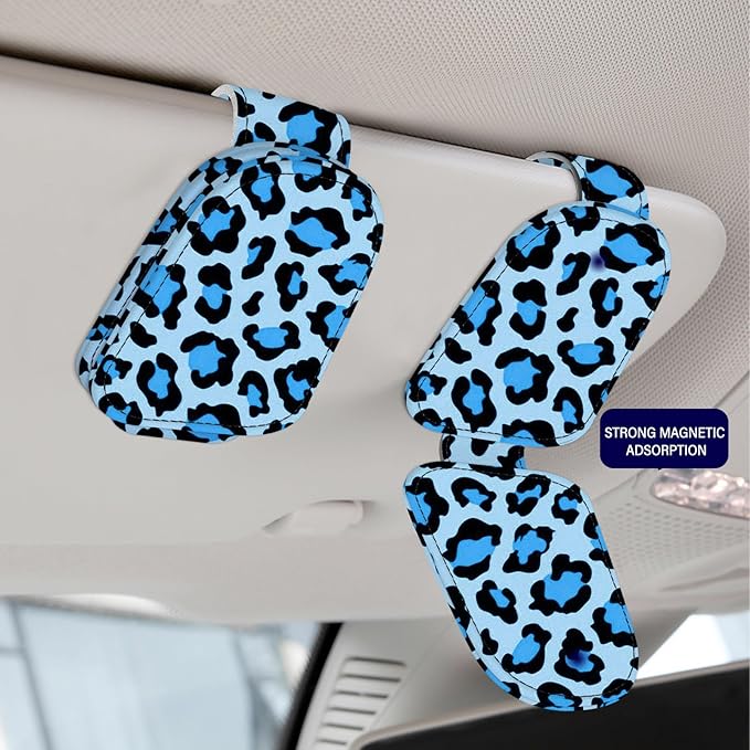 2 Pack Sunglass Holder for Car Visor, Universal Magnetic Car Sunglass Holder for Different Size Eyeglasses, Car Visor Accessories (Leopard-Blue)