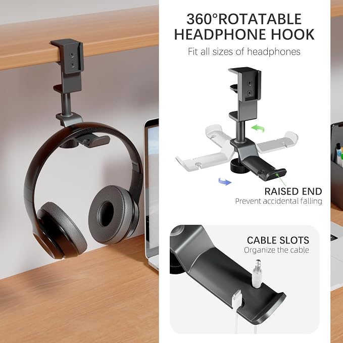 CUBE TECH 5 in 1 Desk Pencil Holder - Clamp on Under Desk Headphone Hanger - Rotating Headphone Holder Detachable Pen Holder Desktop Storage