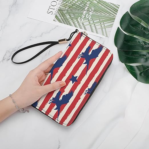 Clutch Wallet Holder for Women Men American Eagle Pattern Colorful Portable Accordion Zipper Credit Card Storage Bag Waterproof Purse Leather Wallet for Travel Work Shopping