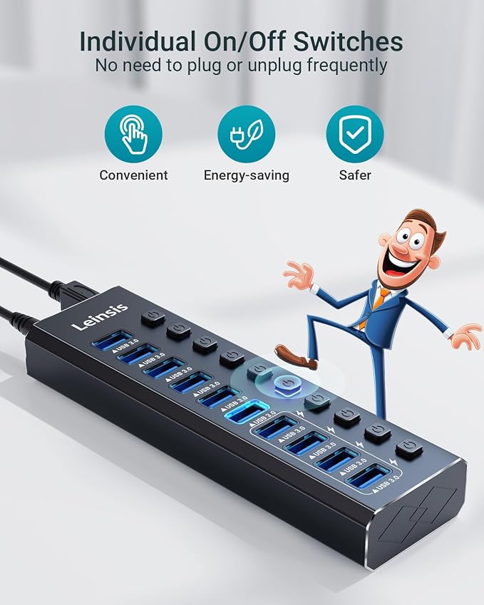 Powered USB Hub 3.0, Leinsis 10-Port USB 3.0 Hub [Durable Aluminum] 10 Data Transfer Ports+ 4 Smart Charging Ports with Individual On/Off Switches, USB Hub 3.0 Powered with Power Adapter for Laptop PC