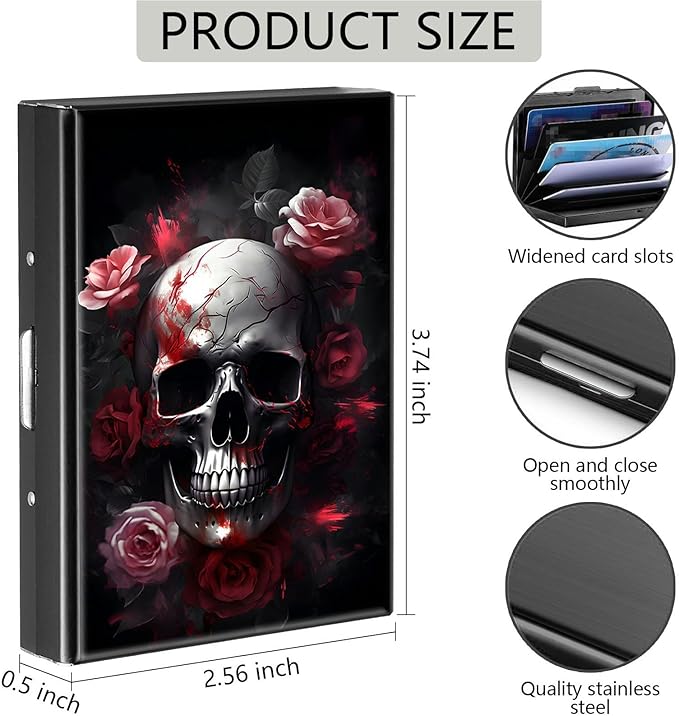Credit Card Holder, Skull Rose Flower Design Mini RFID Blocking Aluminum Wallet Slim Metal Hard Case Shell Travel Wallet ID Case Small Credit Cards Case Business Cards for Women Men Girls