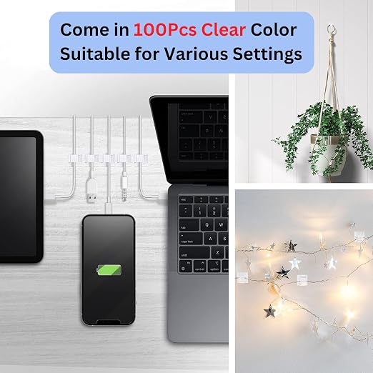 100 PCS 3/4” Adhesive Cable Wire Clips Clear, Cable Staples Outdoor Christmas Light Clips, Cable Management Under Desk Wire Organizer Cord Holder for Car, Wall, TV PC Ethernet