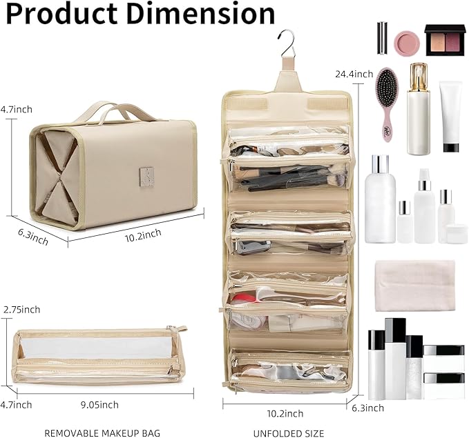ROYALFAIR Roll Up Makeup Bag, Travel Toiletry Bag for Women with 4 Clear TSA Approved Pouches, Hanging Travel Organizer, Folding Cosmetic Bag for Men and Women