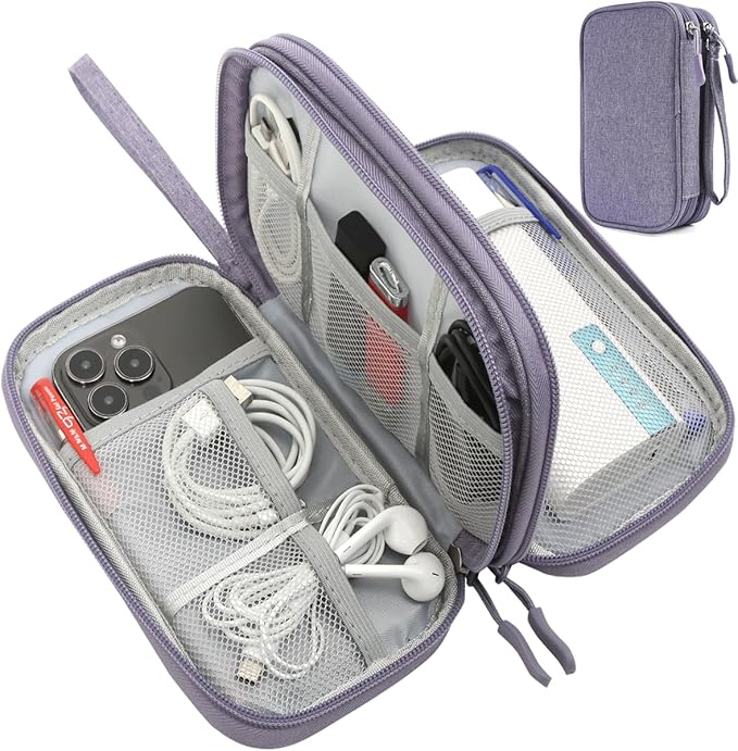 CAAORDKSO Cord Organizer Bag, Travel Cable Organizer Case Waterproof Accessories Pouch with Handle, Travel Electronic Carrying Bag for Cable, Cord, Charger, Phone, Power Bank, Earphone(Purple, Medium)