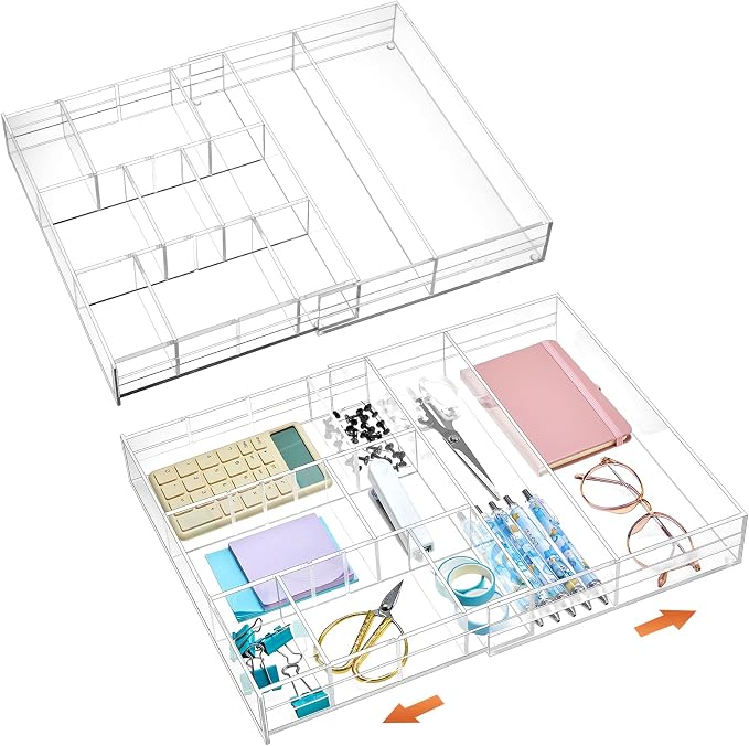 Briwooody 2 Pcs Acrylic Desk Drawer Organizer Maximum 11.8 x 17 x 1.9 Inch Expandable Drawer Organizer Trays with 7 Adjustable Compartments Desk Accessories for Makeup Silverware Office Bathroom