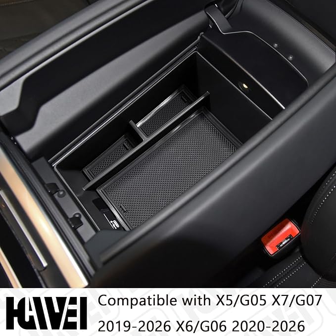 HGWEI Center Console Organizer Compatible with BMW X5/G05 X7/G07 2019-2026, X6/G06 2020-2026 Armrest Storage Box Insert Tray with Rubber Mat, Black