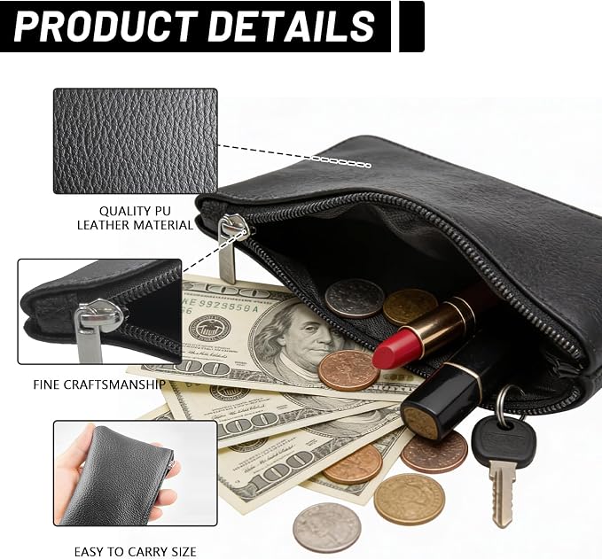 2Pcs Coin Purse,Small Portable PU Leather Zipper Pouch Change Purse, Portable Change Wallet,Coin Pouch with Zipper, Mini Coin Pocket Pouch Change Holder for Women Change Purse for Coins(Black)