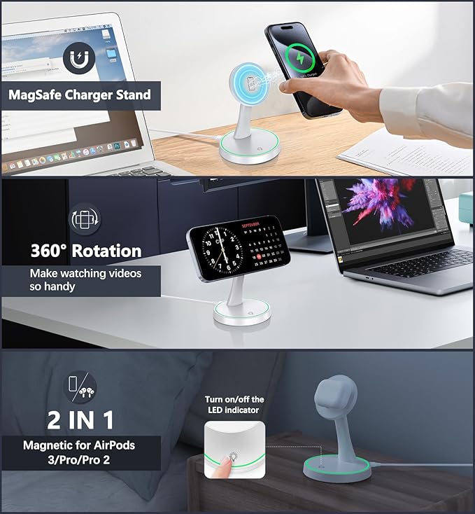 Magnetic Wireless Charger Stand 15W Fast Mag-Safe Charger for iPhone 17 /17 pro/ 17 Air/ 17 pro max 16/15/14/13/12 Series Magnet Wireless Charging Station/Pad with Sleep-Friendly Light for AirPods