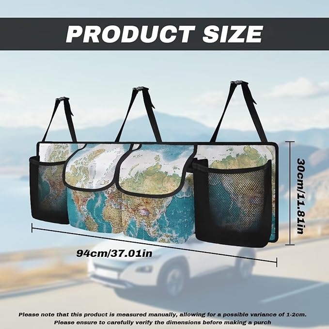 World Map Design Car Trunk Organizer,Backseat Hanging Large Storage with Adjustable Straps,Collapsible Cargo Bag,Car Interior Accessories Not Easy to Fade Machine Washable
