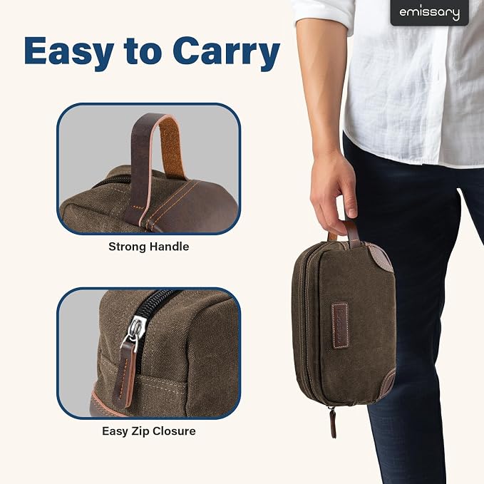 emissary Men's Toiletry Bag, Leather and Canvas Travel Toiletry Bag, Dopp Kit for Men, Travel Bathroom Bag Men's Shaving Kit, Travel Kit Small Bags for Men, Shaving Bag for Travel Accessories (Coffee) | Durable canvas & PU leather, water-resistant lini...