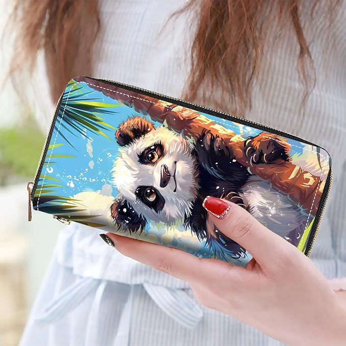 Women's Large Capacity Wallet PU Leather Zip Around Clutch Purse Multifunctional Wallet with Removable Wristlet Strap for Smart Phone/Coin/Card/Cash, Watercolor Art Panda